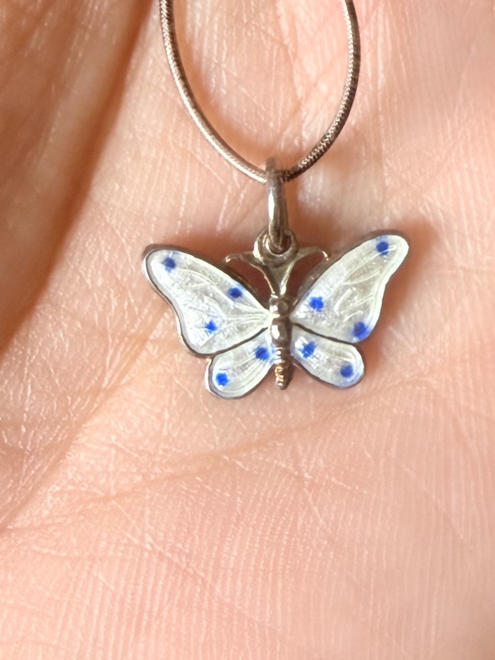 Rare Volmer Bahner Sterling Silver Butterfly Pendant Necklace - White & Blue